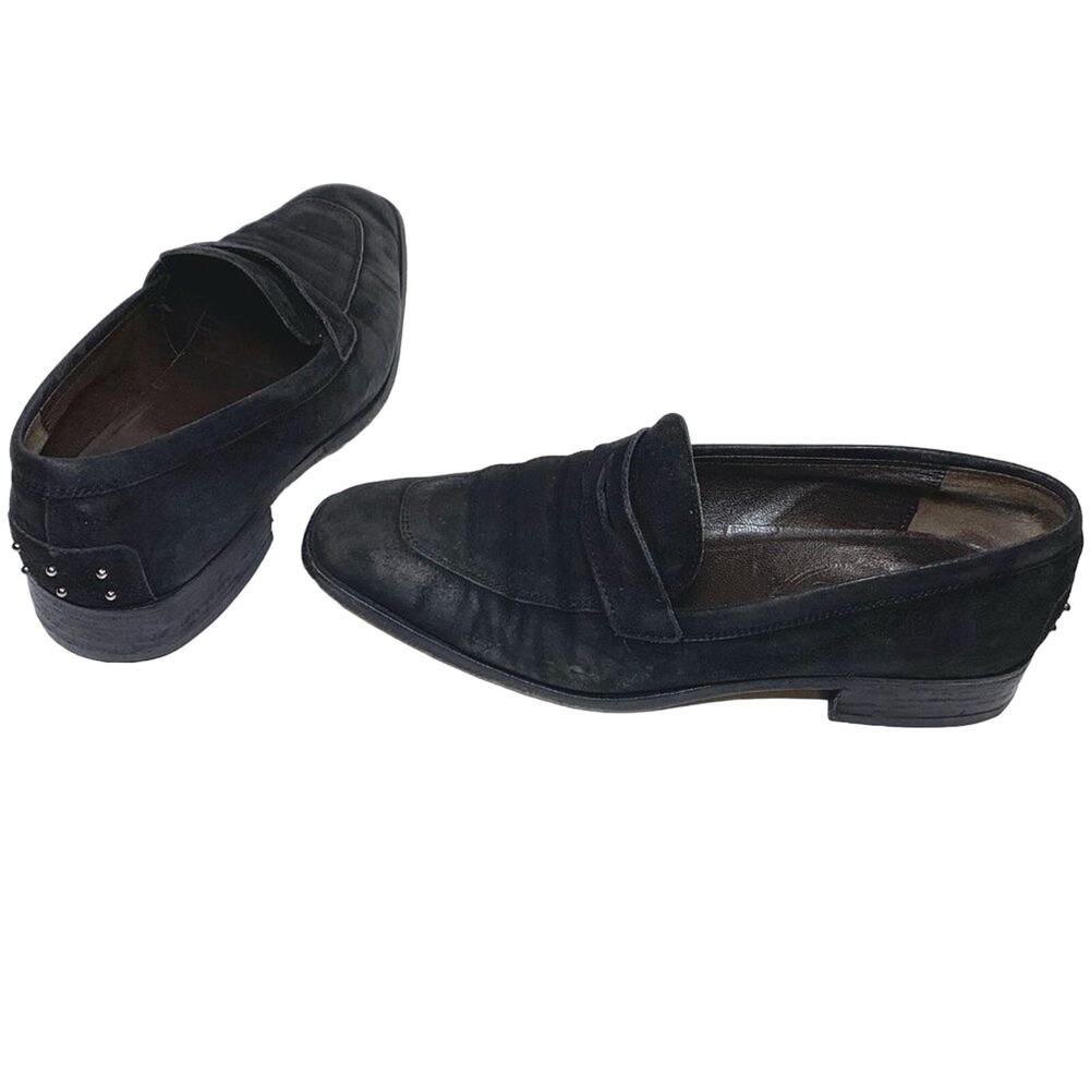 Tod's Studded Heel Suede Square Toe Slip On Penny Loafer Black Silver 7.5